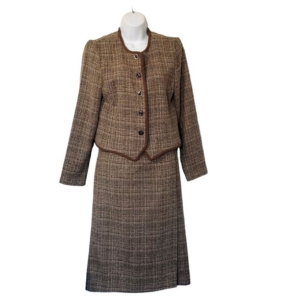 Vtg Skirt Blazer Suit Brown Tweed 5 Button Decorative Trim Faux Wrap Skirt Midi - Picture 2 of 16